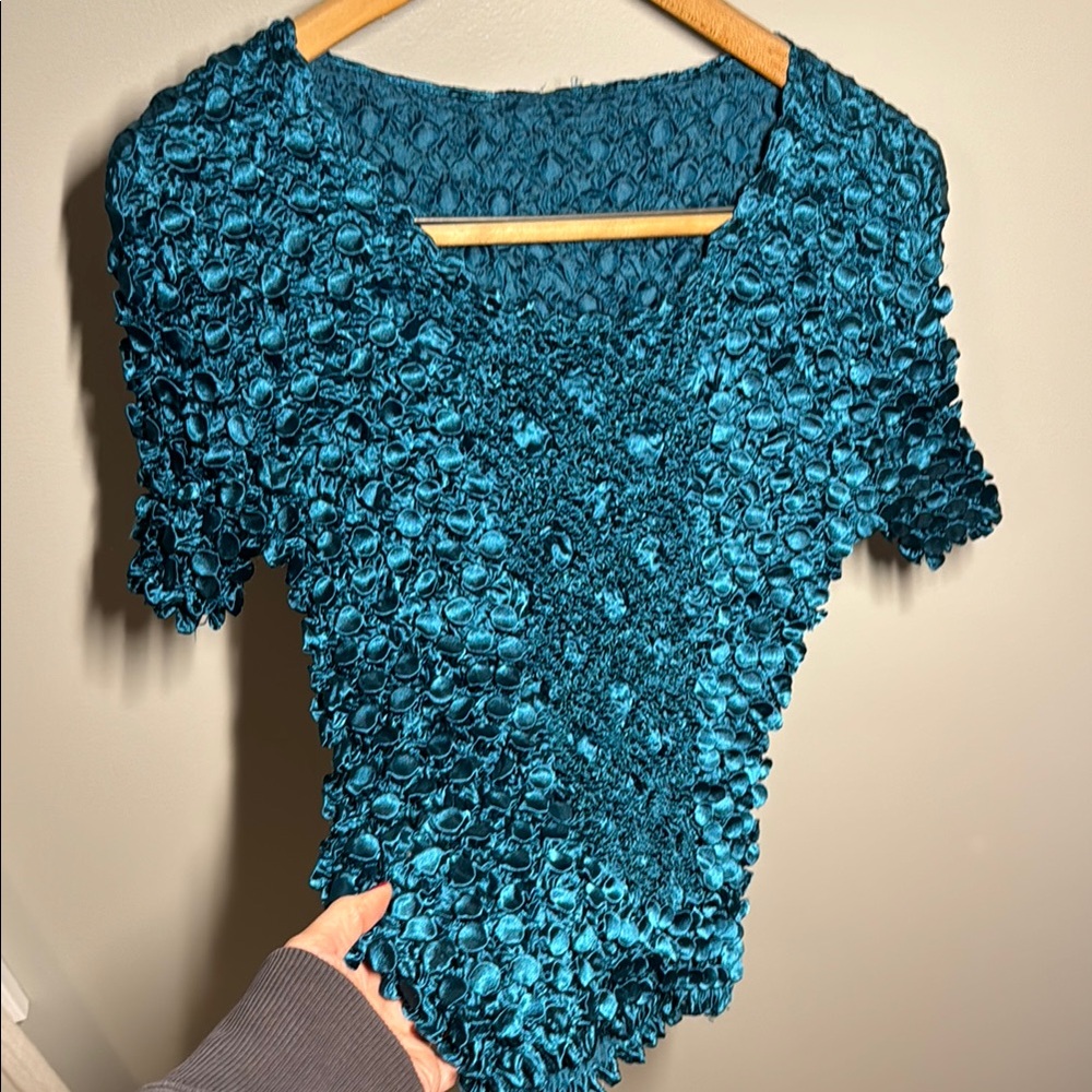 Vintage Blue Ruched Short Sleeve Blouse